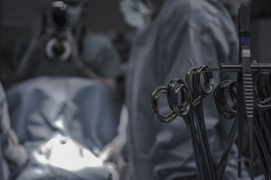 Surgical scissors and cables near doctors in an operating room